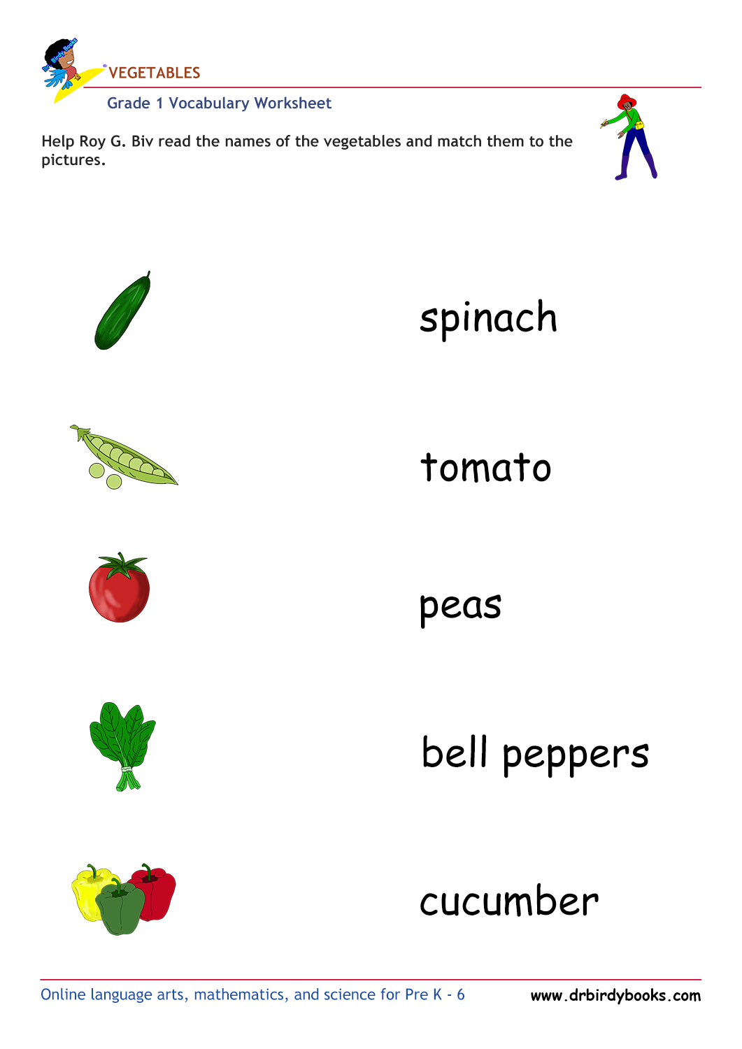 Grade 1 vocabulary worksheet featuring vegetables with activities for young learners.