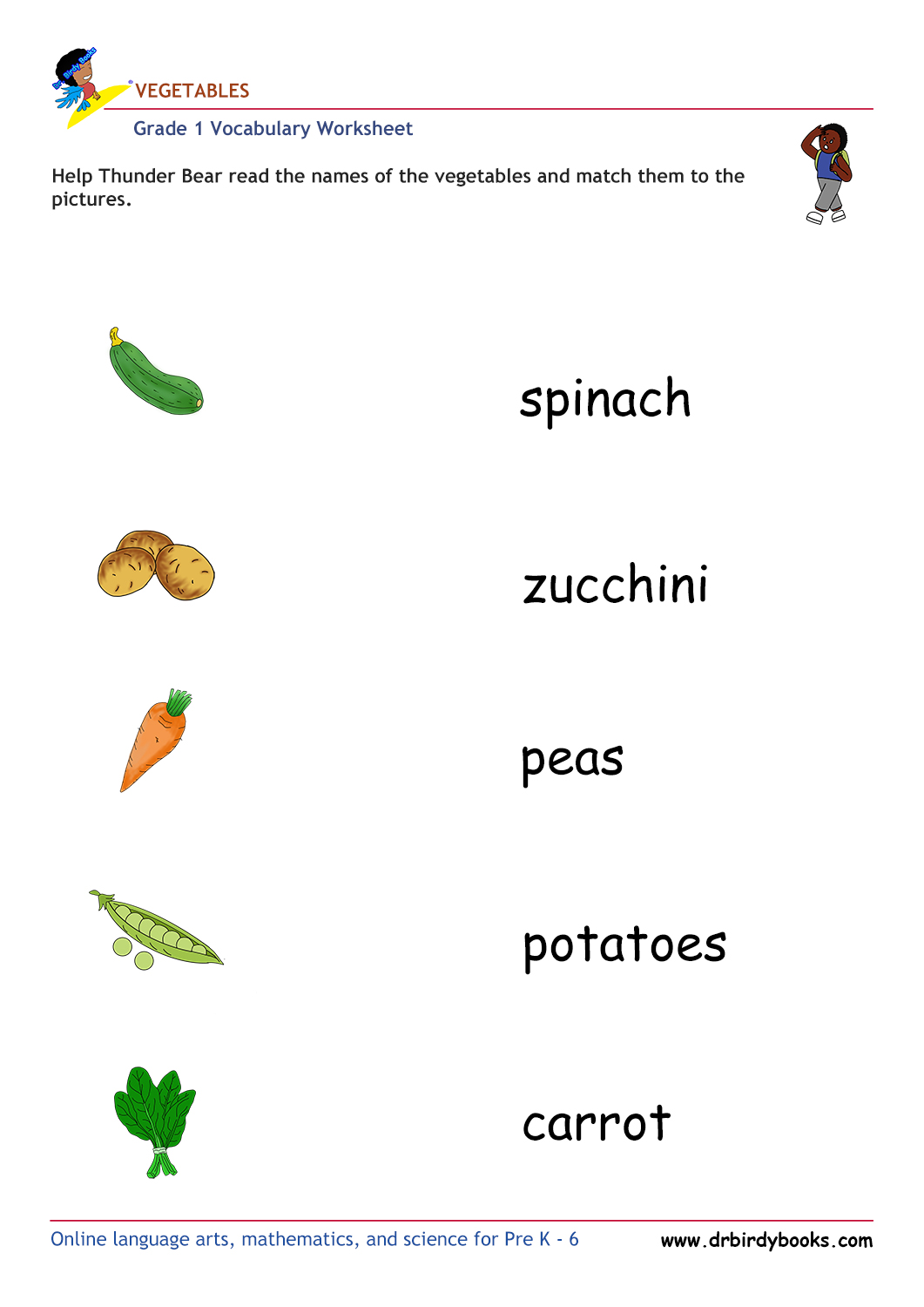 Grade 1 vocabulary worksheet featuring vegetables with activities for young learners.
