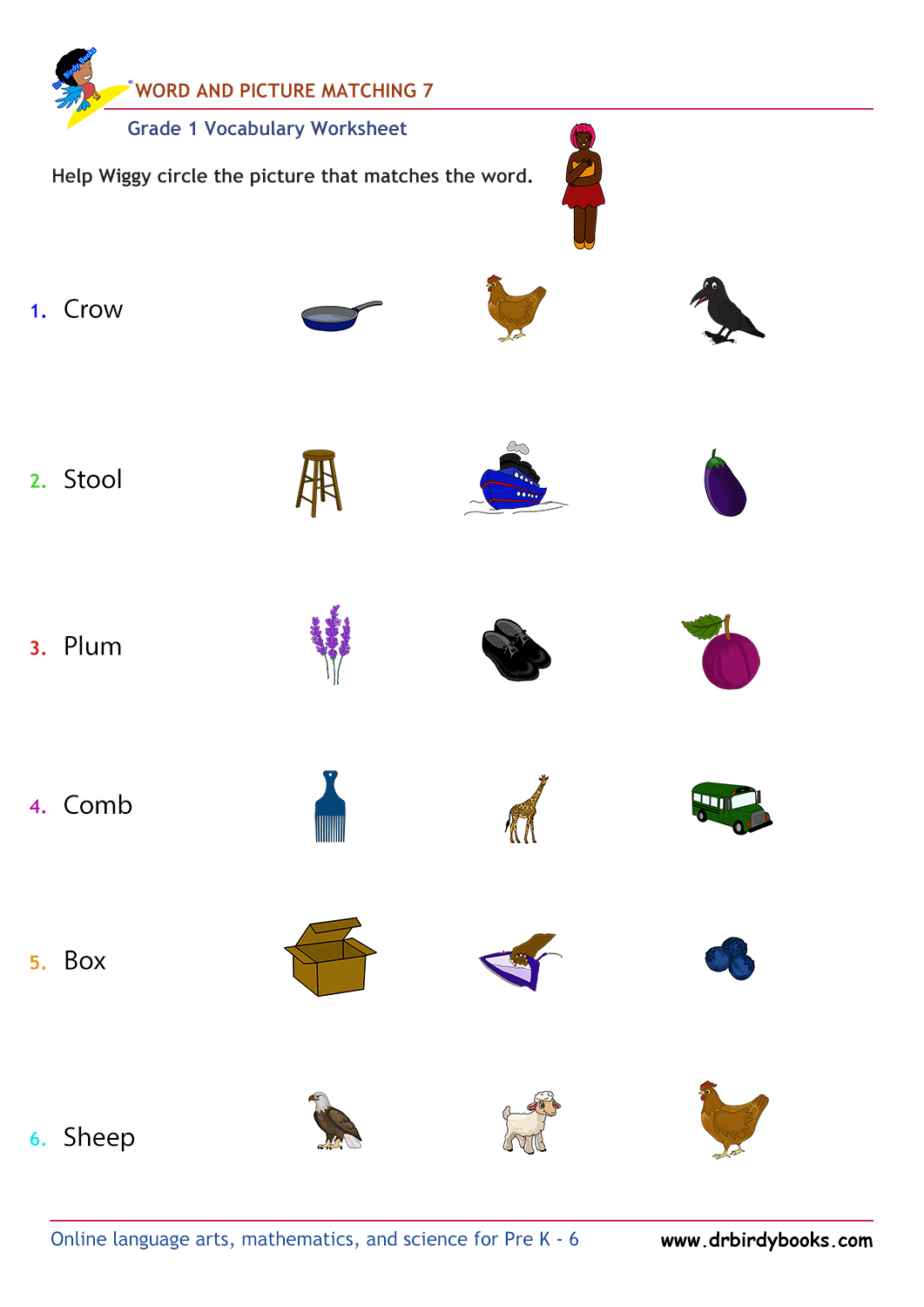 Grade 1 vocabulary worksheet featuring activities for matching words with pictures.