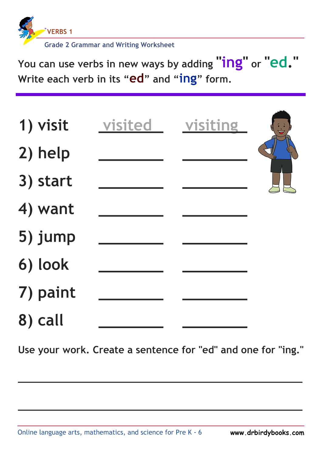 Grade 2 verbs vocabulary worksheet featuring activities for writing verbs and their "ed" and "ing" forms.