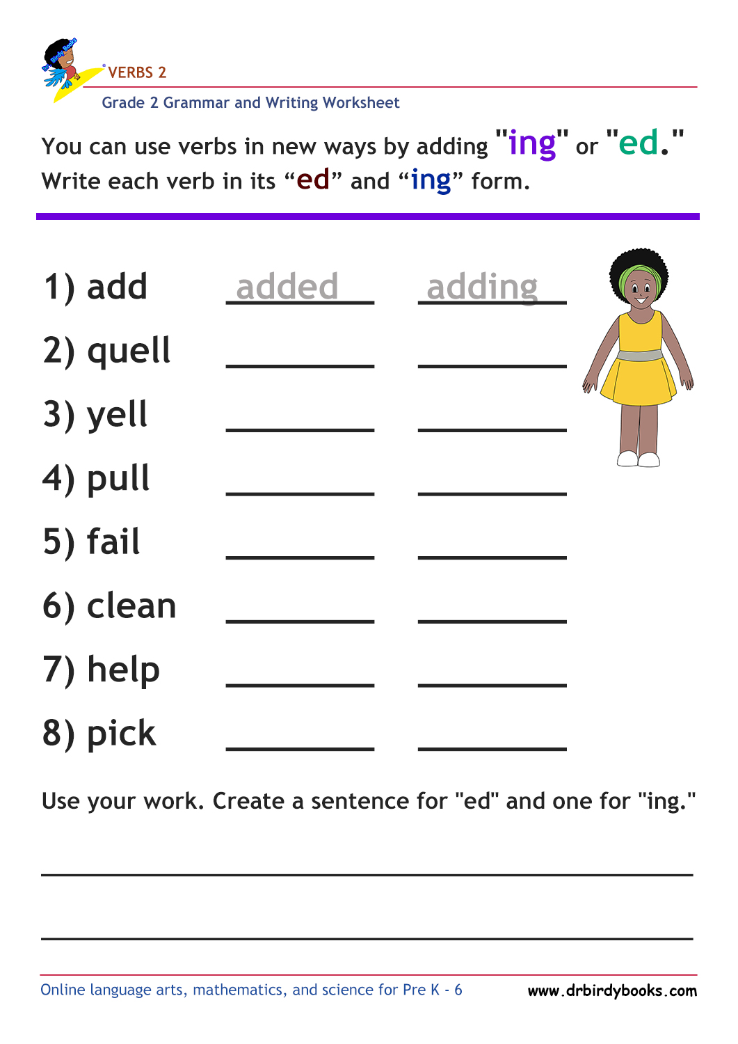 Grade 2 verbs vocabulary worksheet featuring activities for writing verbs and their "ed" and "ing" forms.