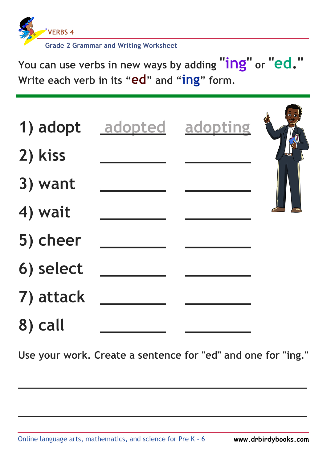 Grade 2 verbs vocabulary worksheet featuring activities for writing verbs and their "ed" and "ing" forms.