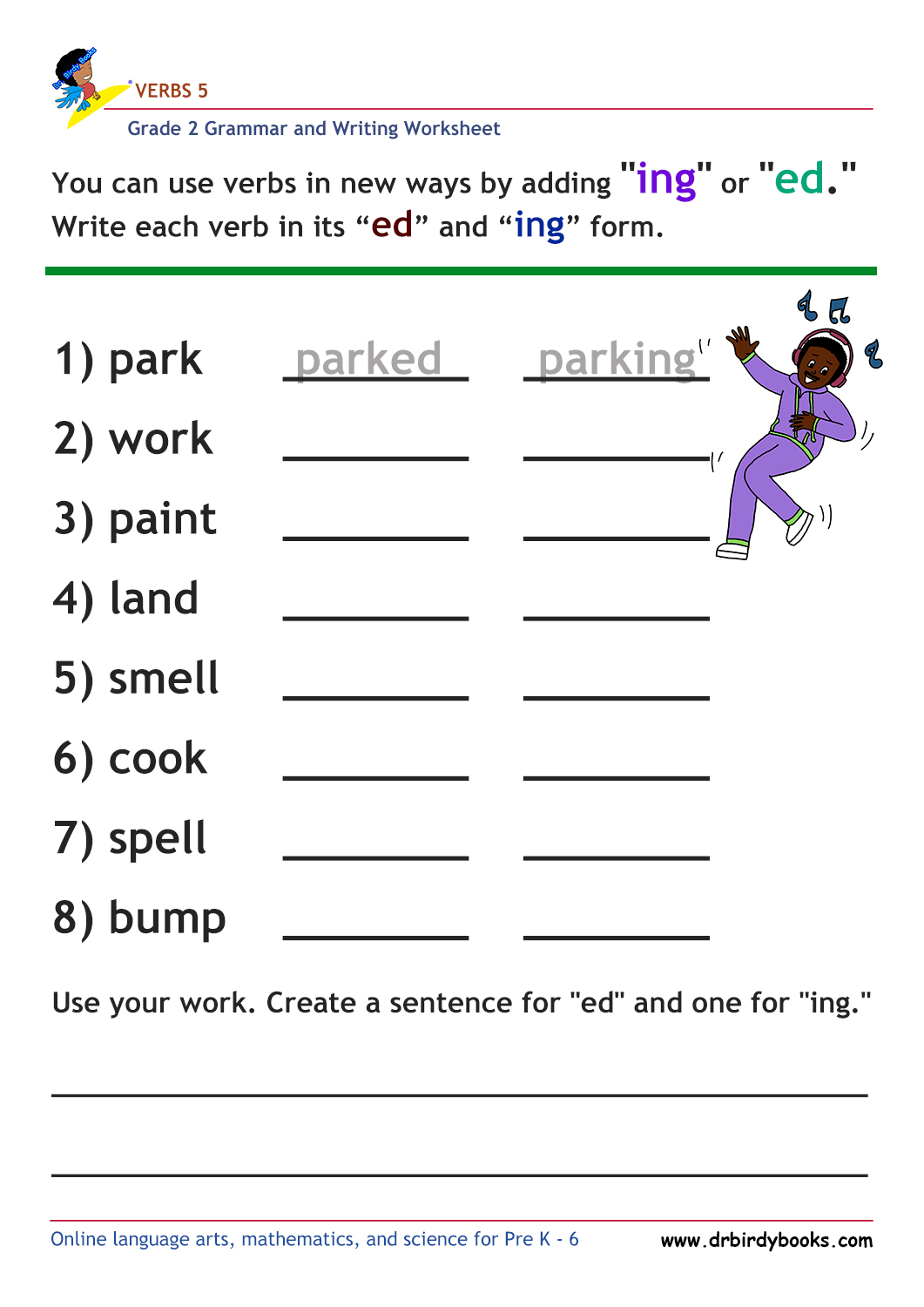 Grade 2 verbs vocabulary worksheet featuring activities for writing verbs and their "ed" and "ing" forms.
