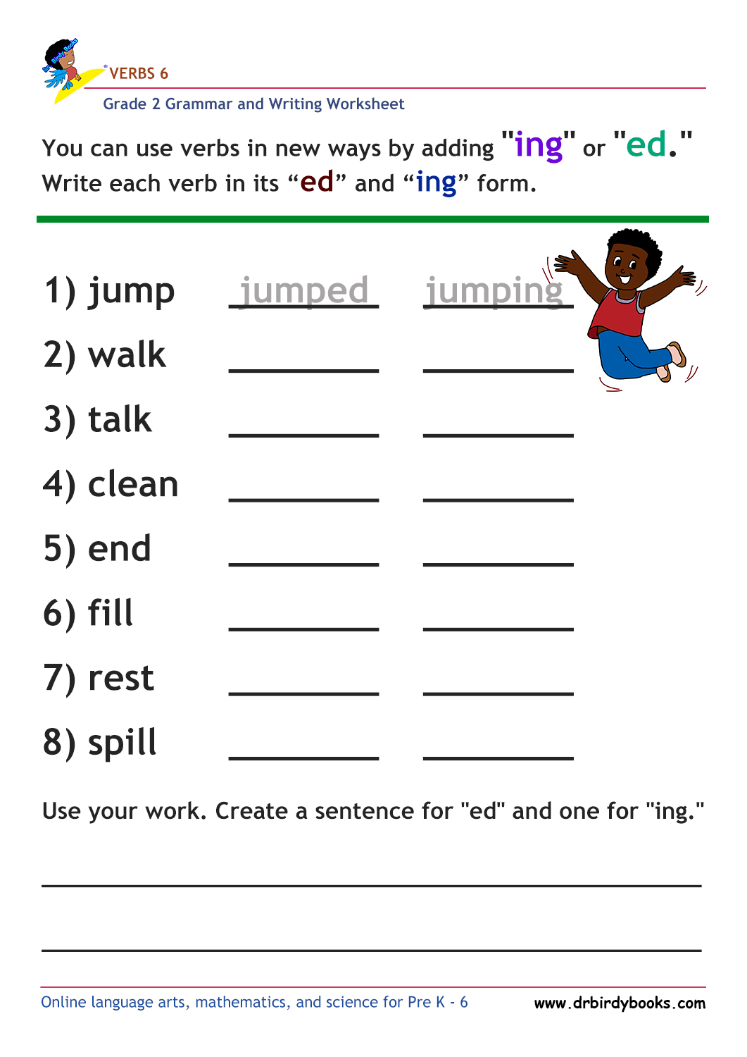 Grade 2 verbs vocabulary worksheet featuring activities for writing verbs and their "ed" and "ing" forms.