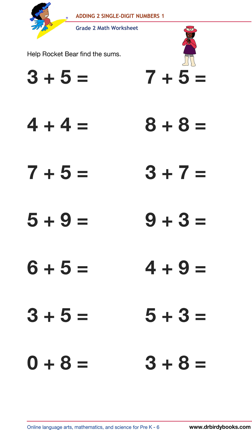 Grade 2 math worksheet featuring activities for adding two single-digit numbers.