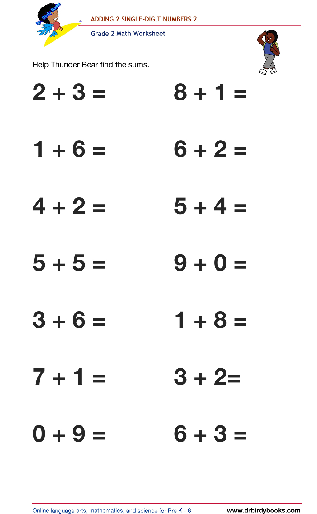 Grade 2 math worksheet featuring activities for adding two single-digit numbers.