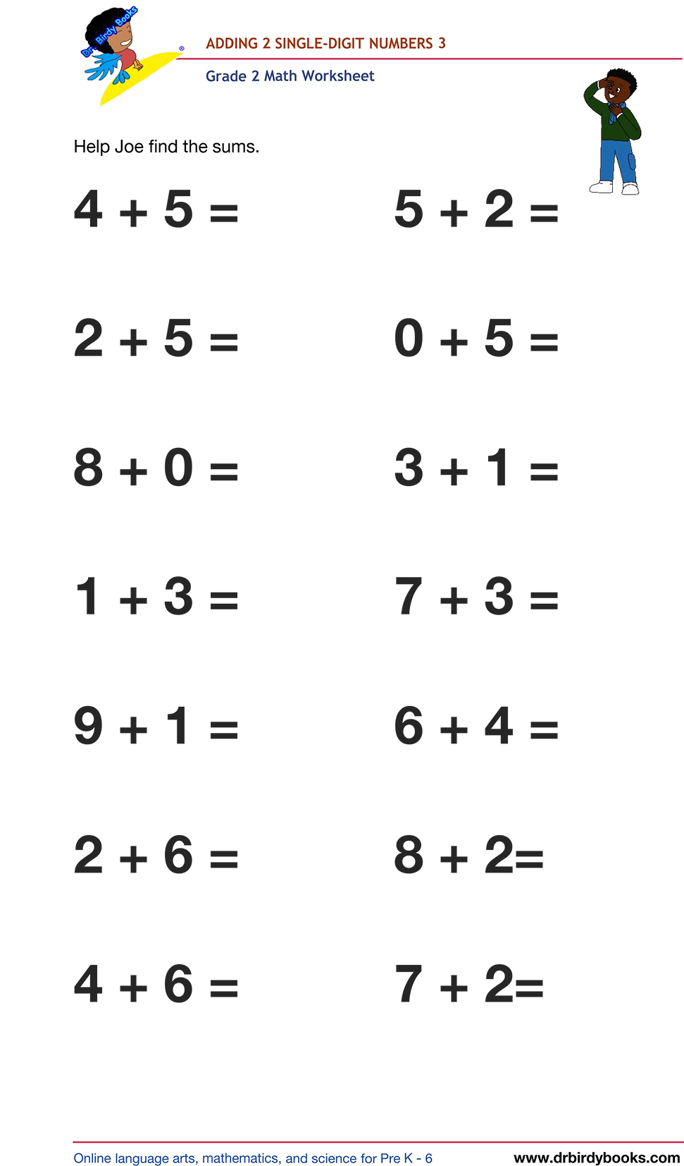 Grade 2 math worksheet featuring activities for adding two single-digit numbers.