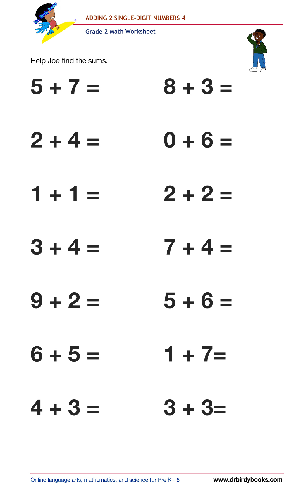 Grade 2 math worksheet featuring activities for adding two single-digit numbers.