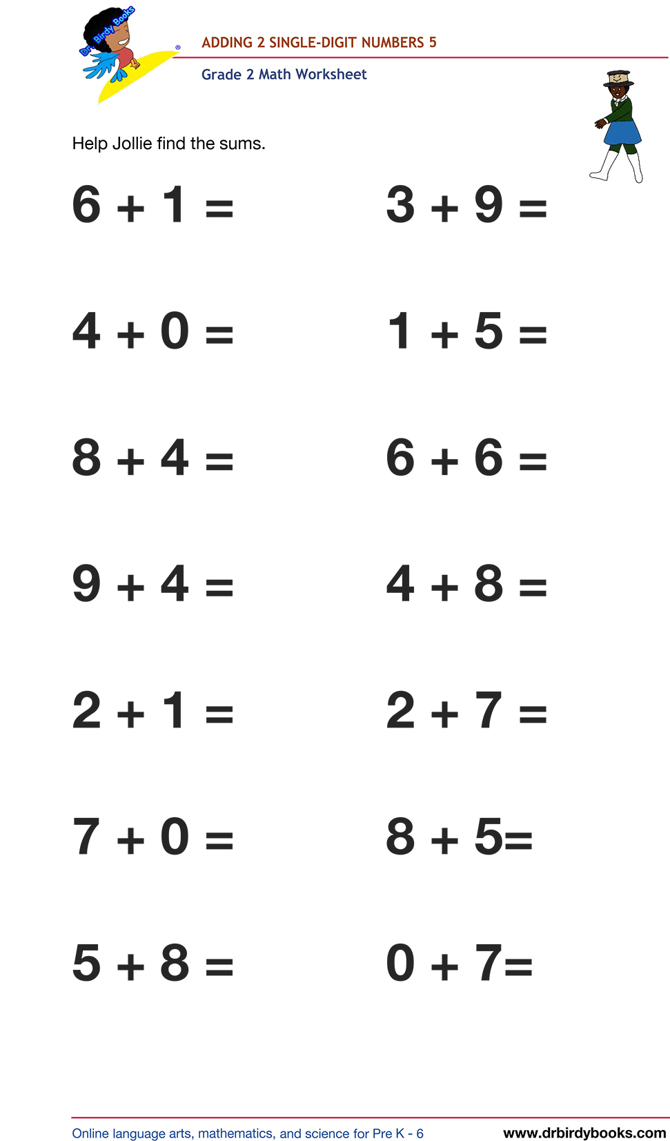 Grade 2 math worksheet featuring activities for adding two single-digit numbers.