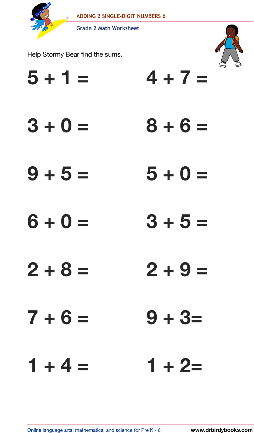 Grade 2 math worksheet featuring activities for adding two single-digit numbers.