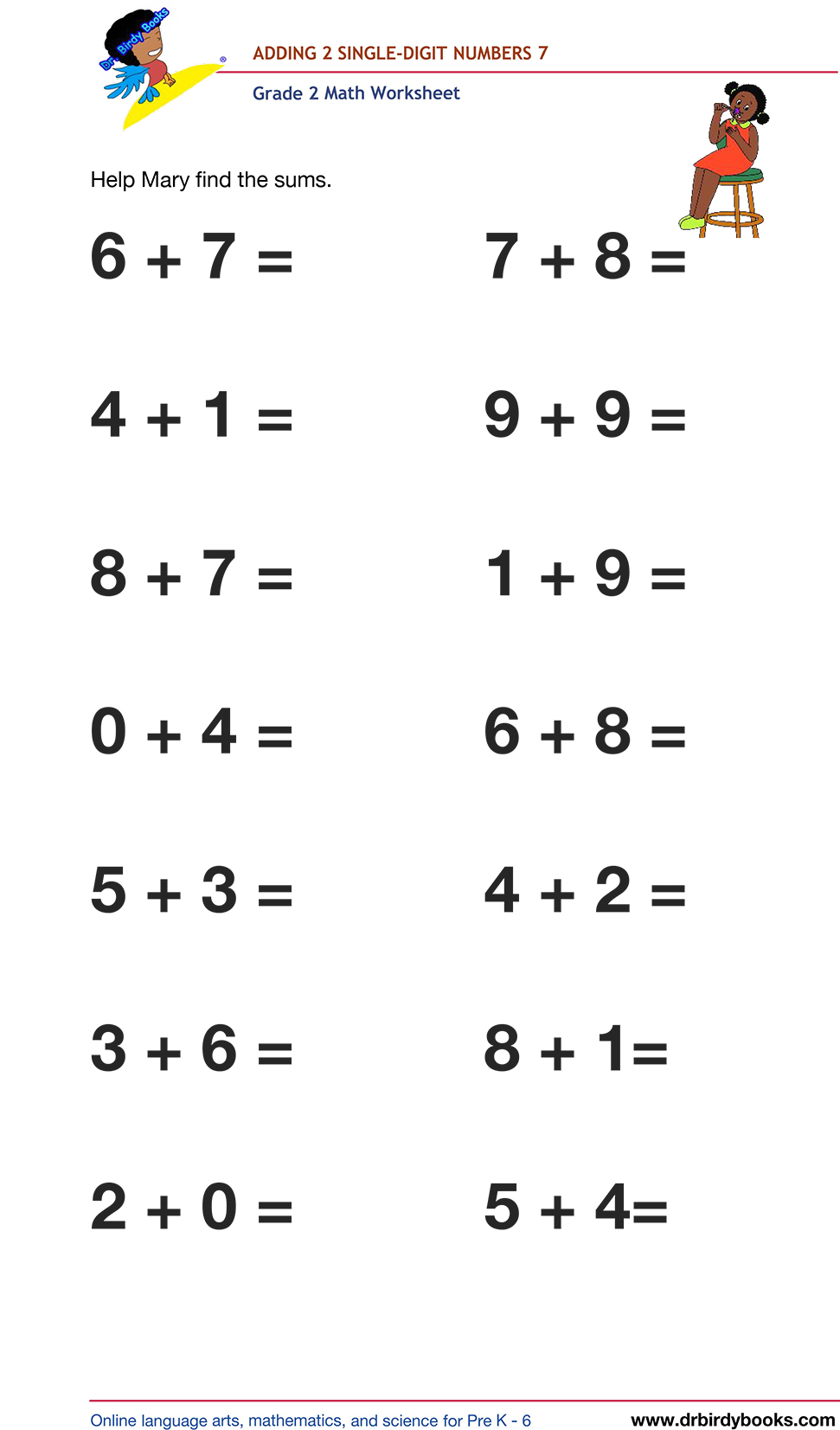 Grade 2 math worksheet featuring activities for adding two single-digit numbers.