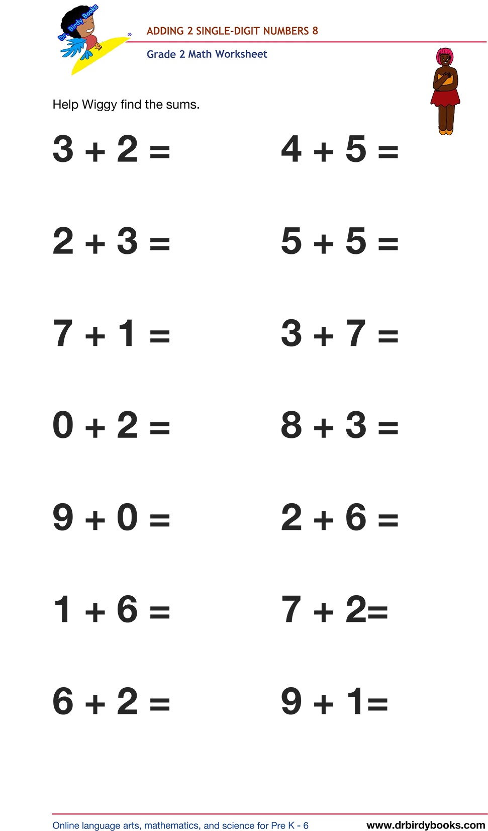 Grade 2 math worksheet featuring activities for adding two single-digit numbers.