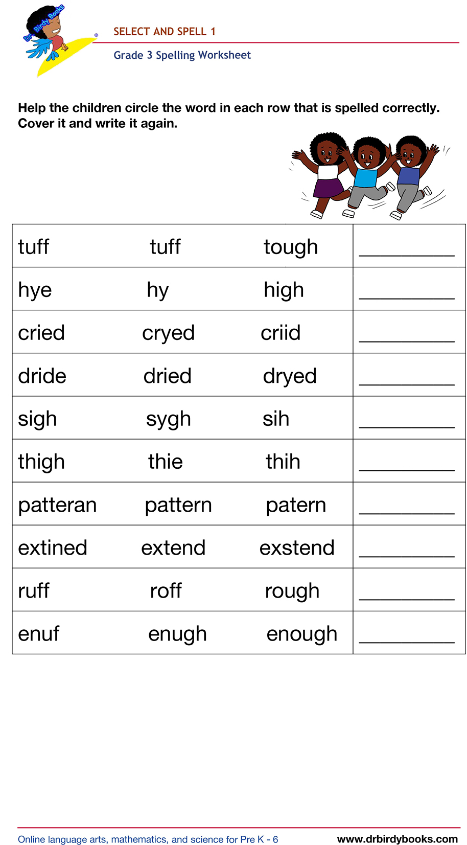Grade 3 spelling worksheet featuring activities for selecting the correct spelling of words and writing them.