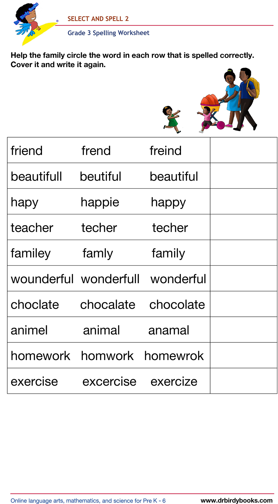 Grade 3 spelling worksheet featuring activities for selecting the correct spelling of words and writing them.