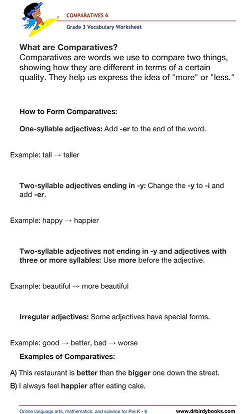 Grade 3 vocabulary worksheet featuring activities for selecting the correct comparatives.