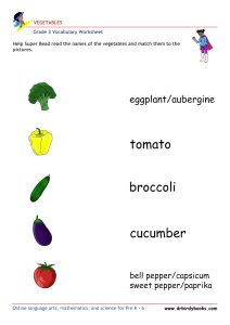 Grade 3 vocabulary worksheet featuring activities for matching pictures of vegetables to their names.