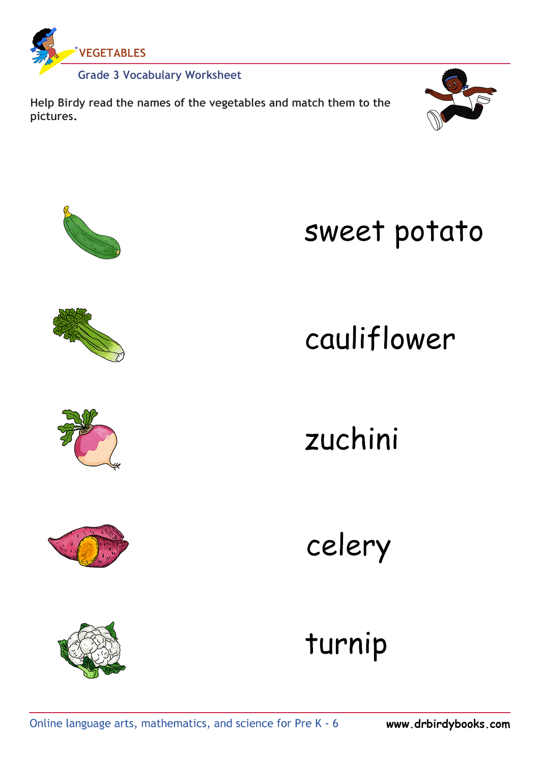 Grade 3 vocabulary worksheet featuring activities for matching pictures of vegetables to their names.