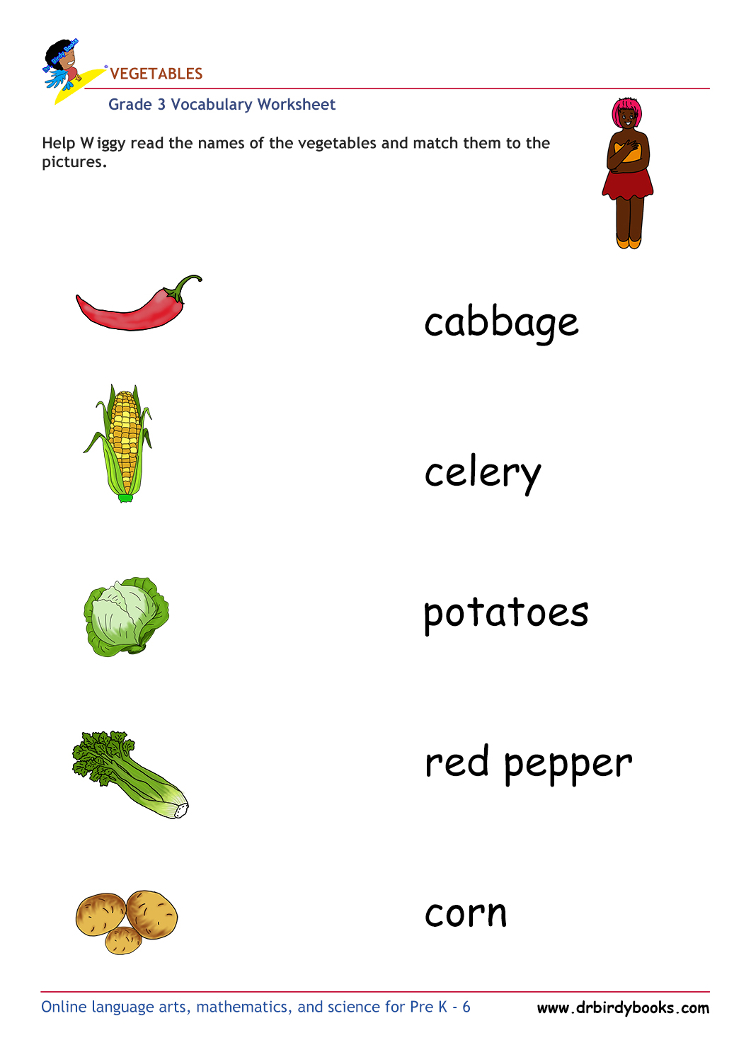 Grade 3 vocabulary worksheet featuring activities for matching pictures of vegetables to their names.