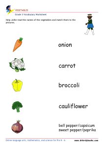 Grade 3 vocabulary worksheet featuring activities for matching pictures of vegetables to their names.
