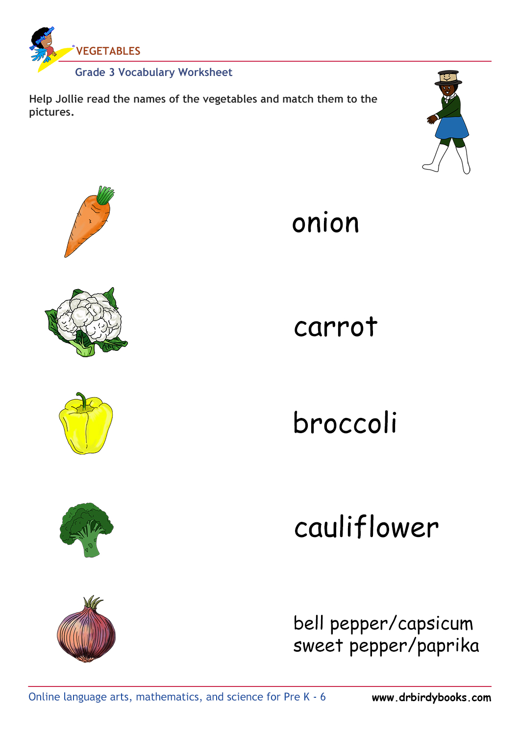 Grade 3 vocabulary worksheet featuring activities for matching pictures of vegetables to their names.