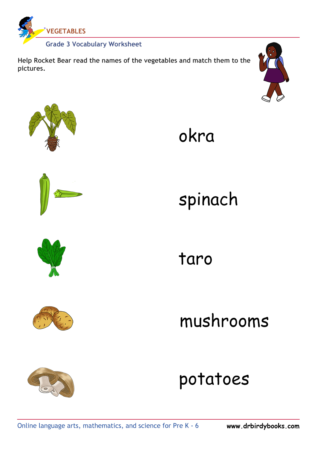 Grade 3 vocabulary worksheet featuring activities for matching pictures of vegetables to their names.
