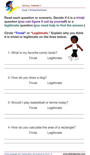 Grade 3 writing worksheet focused on critical thinking, helping students evaluate legitimate vs. trivial questions.