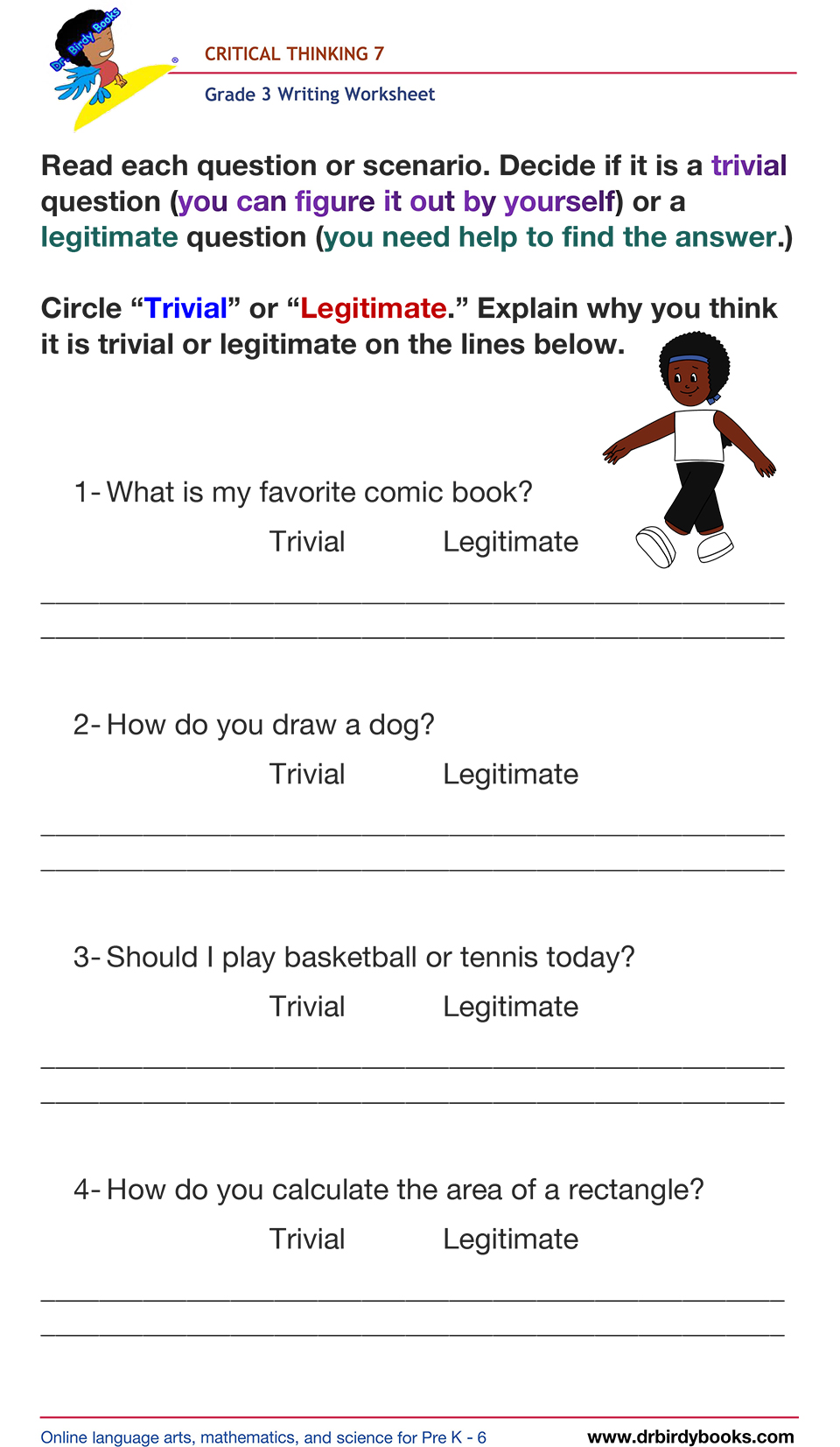 Grade 3 writing worksheet focused on critical thinking, helping students evaluate legitimate vs. trivial questions.