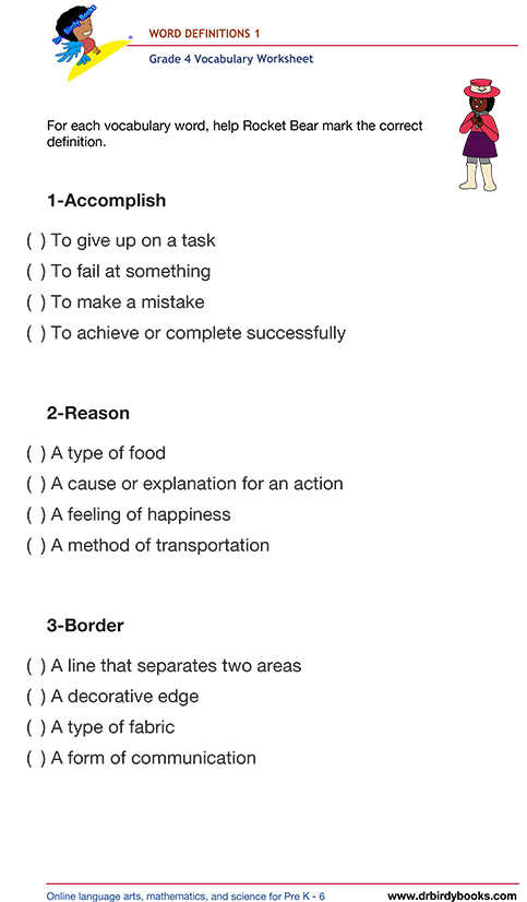 Grade 4 vocabulary worksheet featuring activities for matching words with their definitions.