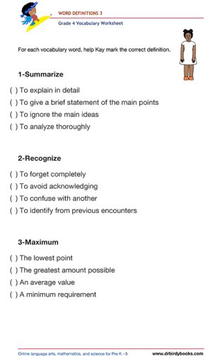 Grade 4 vocabulary worksheet featuring activities for matching words with their definitions.