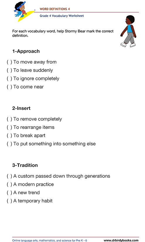Grade 4 vocabulary worksheet featuring activities for matching words with their definitions.