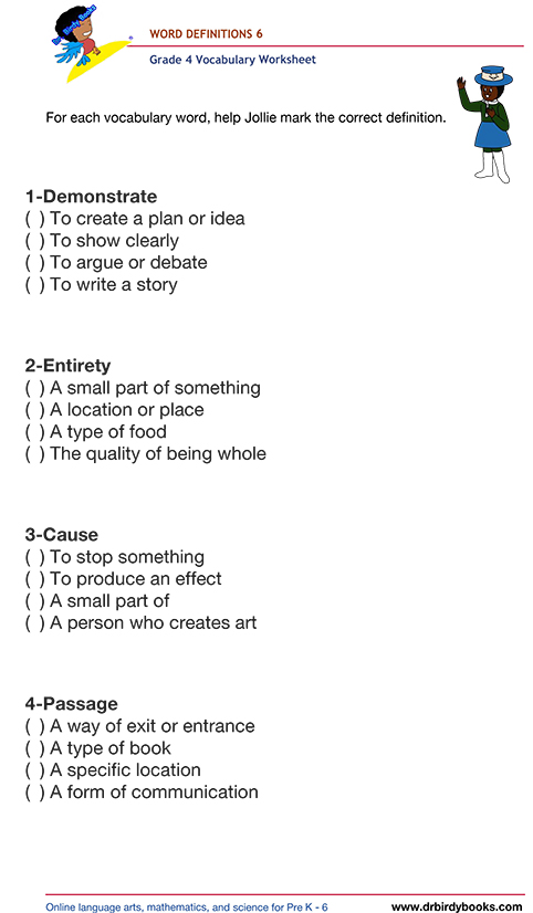 Grade 4 vocabulary worksheet featuring activities for matching words with their definitions.