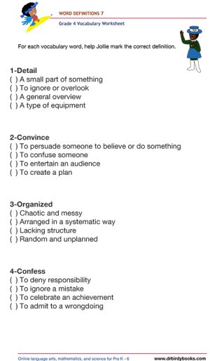 Grade 4 vocabulary worksheet featuring activities for matching words with their definitions.