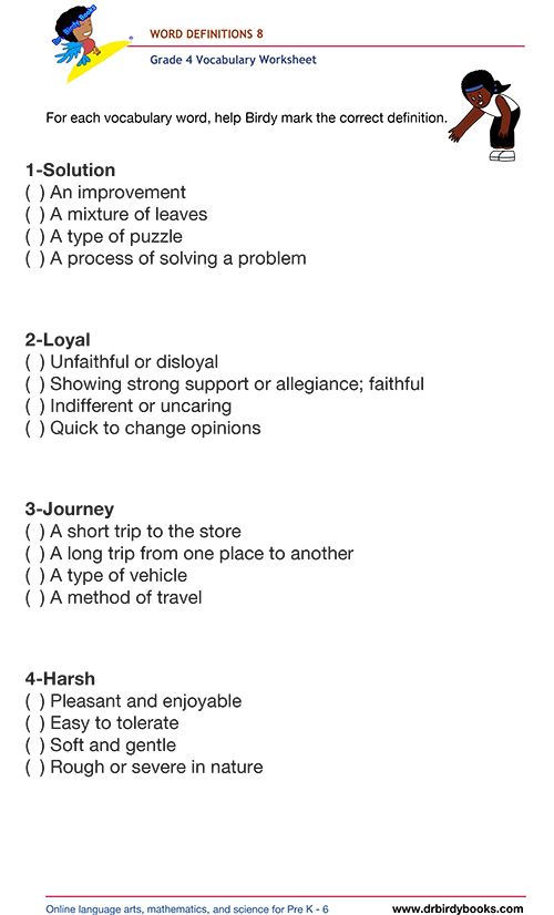 Grade 4 vocabulary worksheet featuring activities for matching words with their definitions.