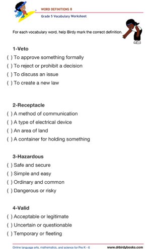 Grade 5 vocabulary worksheet featuring activities for matching words with their definitions.