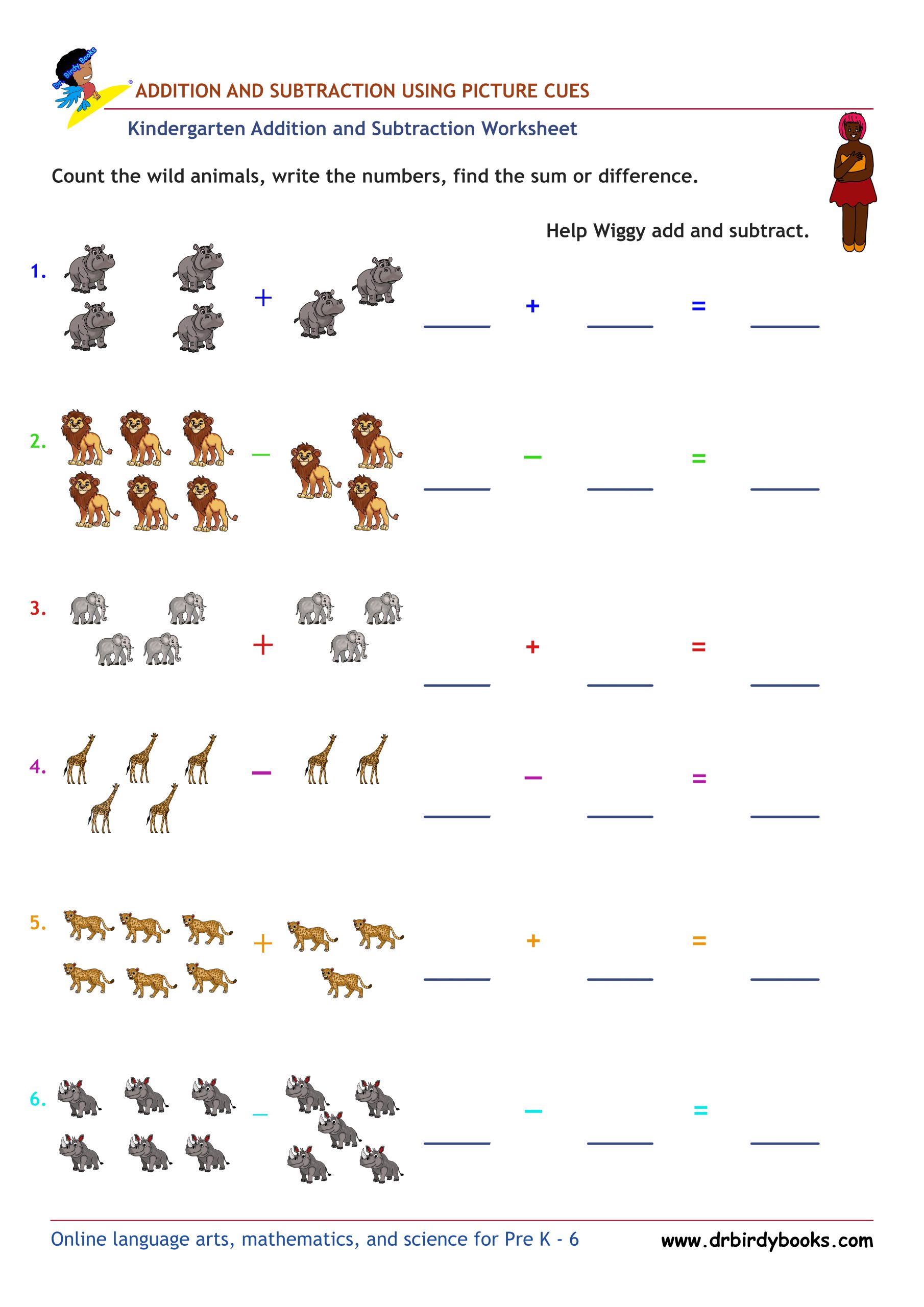 Kindergarten math worksheet featuring activities for adding and subtracting within 10 using pictures.