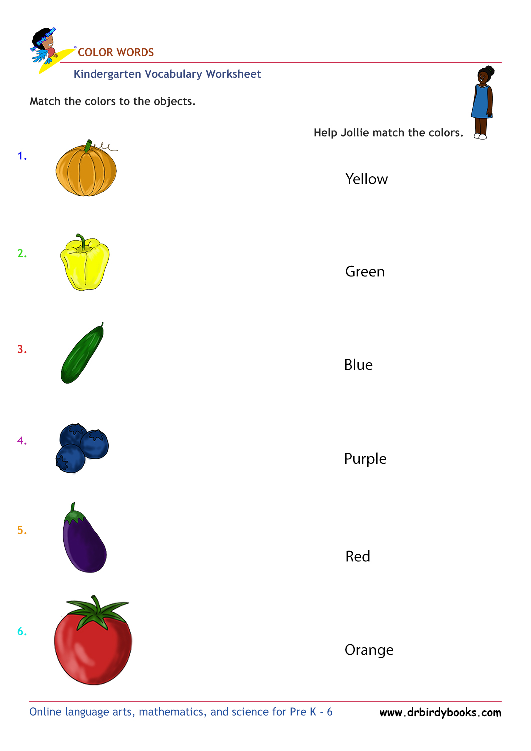 Kindergarten vocabulary worksheet featuring color matching activities for young learners.