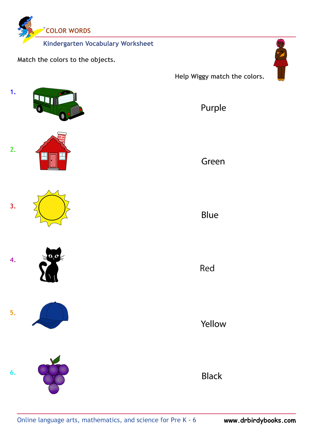 Kindergarten vocabulary worksheet featuring color matching activities for young learners.