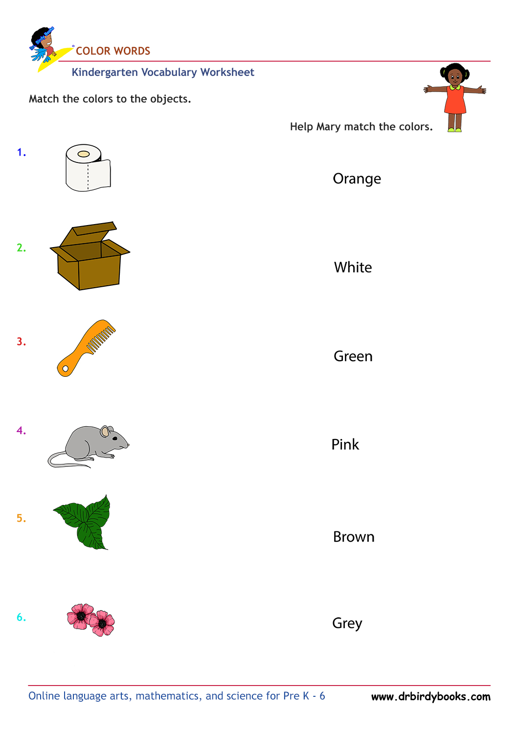 Kindergarten vocabulary worksheet featuring color matching activities for young learners.