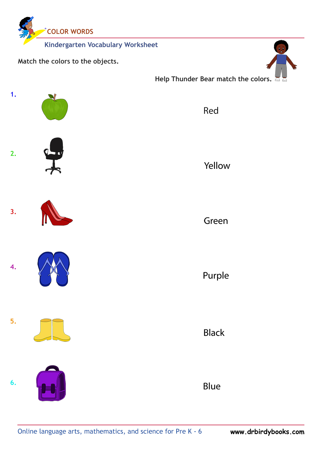Kindergarten vocabulary worksheet featuring color matching activities for young learners.