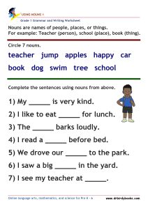 Grade 1 Grammar and Writing Using Nouns Worksheet showing words to circle and sentences to complete.