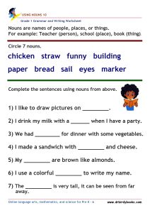 Grade 1 Grammar and Writing Using Nouns Worksheet showing words to circle and sentences to complete.