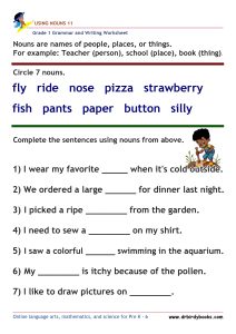 Grade 1 Grammar and Writing Using Nouns Worksheet showing words to circle and sentences to complete.