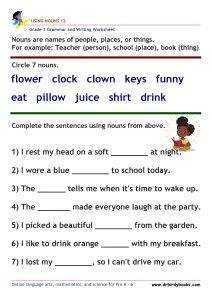 Grade 1 Grammar and Writing Using Nouns Worksheet showing words to circle and sentences to complete.