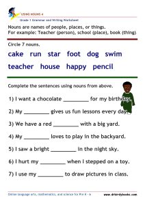 Grade 1 Grammar and Writing Using Nouns Worksheet showing words to circle and sentences to complete.