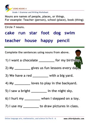 Grade 1 Grammar and Writing Using Nouns Worksheet showing words to circle and sentences to complete.
