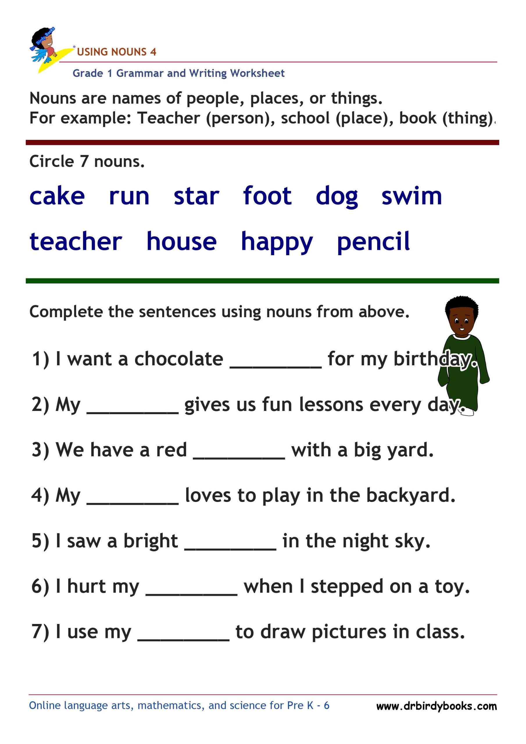 Grade 1 Grammar and Writing Using Nouns Worksheet showing words to circle and sentences to complete.