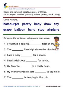 Grade 1 Grammar and Writing Using Nouns Worksheet showing words to circle and sentences to complete.