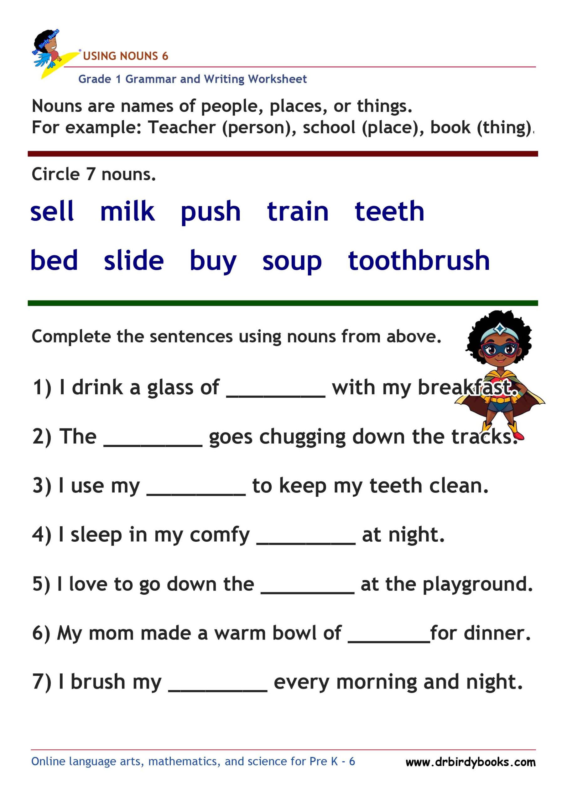 Grade 1 Grammar and Writing Using Nouns Worksheet showing words to circle and sentences to complete.