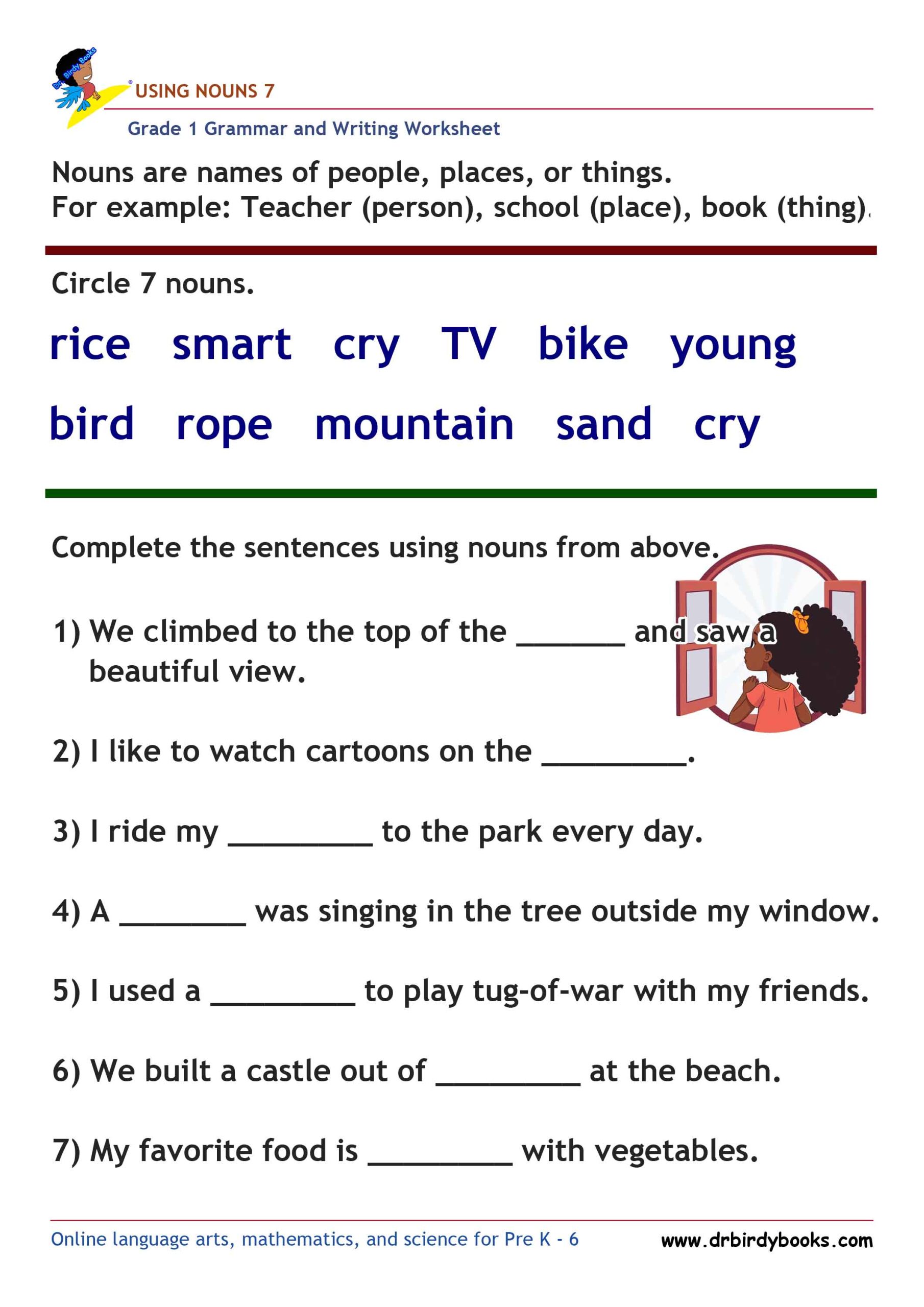Grade 1 Grammar and Writing Using Nouns Worksheet showing words to circle and sentences to complete.