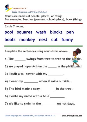 Grade 1 Grammar and Writing Using Nouns Worksheet showing words to circle and sentences to complete.